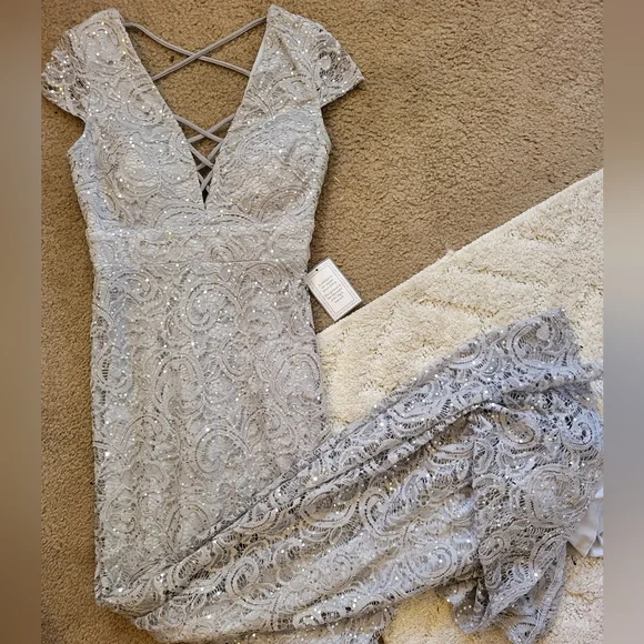 B. Darlin silver sequined v cut front, low cut back, prom/gown. Size 3/4 - Picture 1 of 16